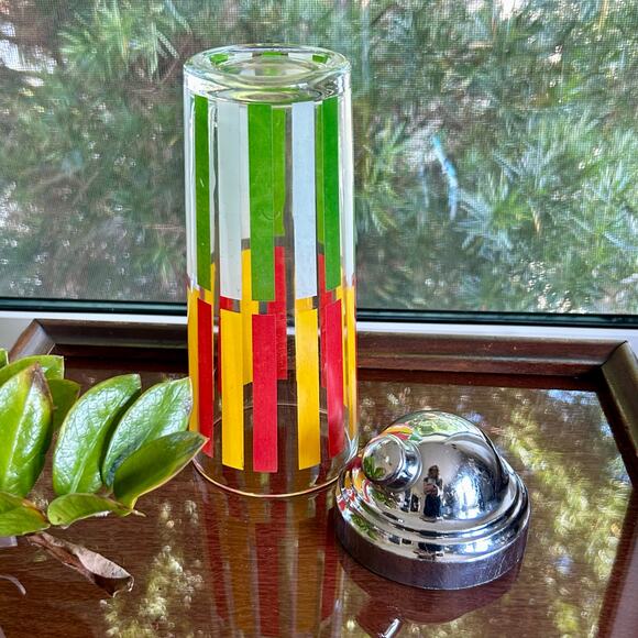 Mid-CenturyOrange and Green Striped Glass Cocktail Shaker w/ Chrome Top, 10” - Picture 8 of 16